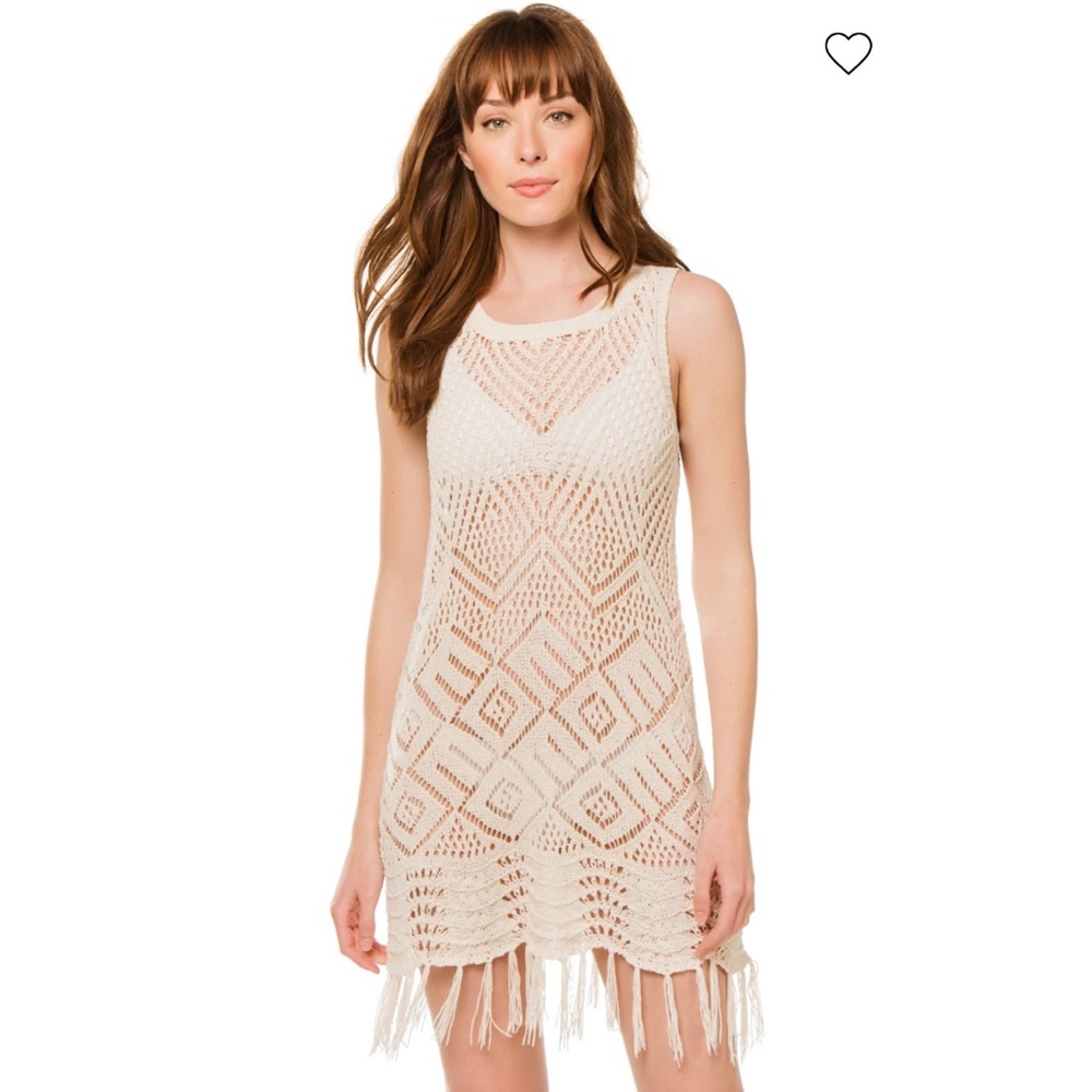 ALLISON NEW YORK Fringe Crochet Tunic large tan festival boho nwt